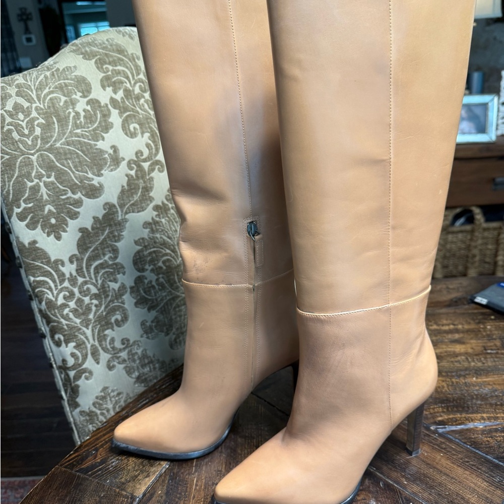 Elegant Tan Leather Knee-High Boots 
4” heel